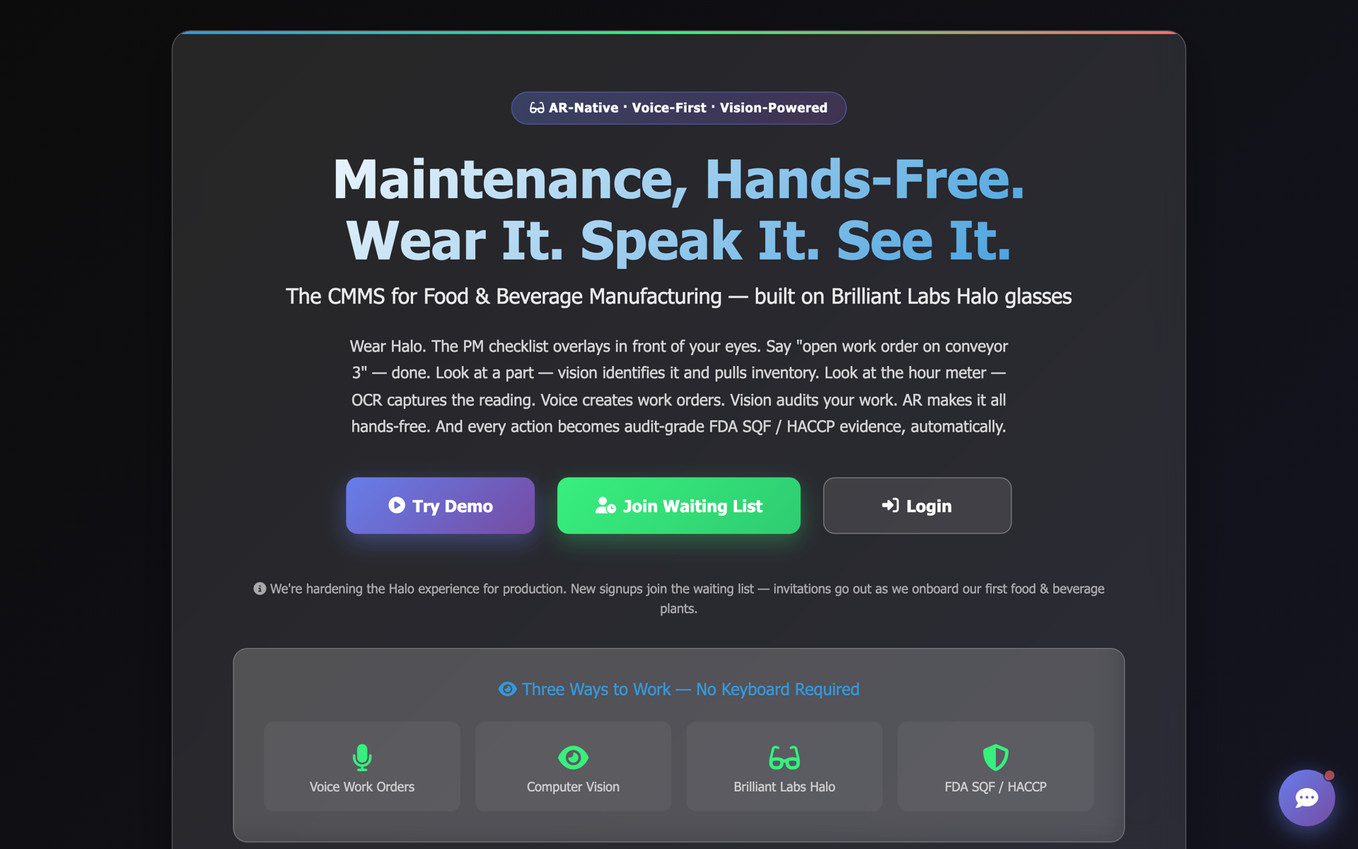 ChatterFix landing page — AR-native CMMS for food & beverage manufacturing